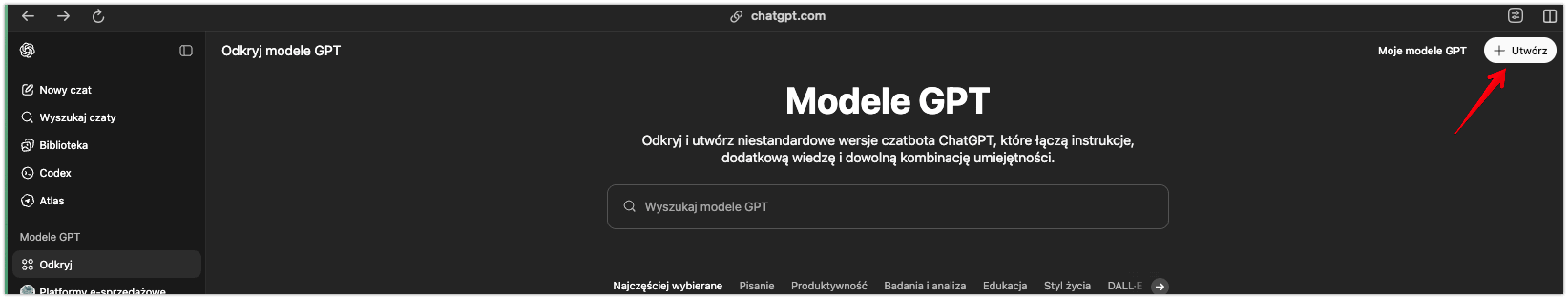 Zrzut ekranu pokazujący przycisk + Utwórz w interfejsie ChatGPT
