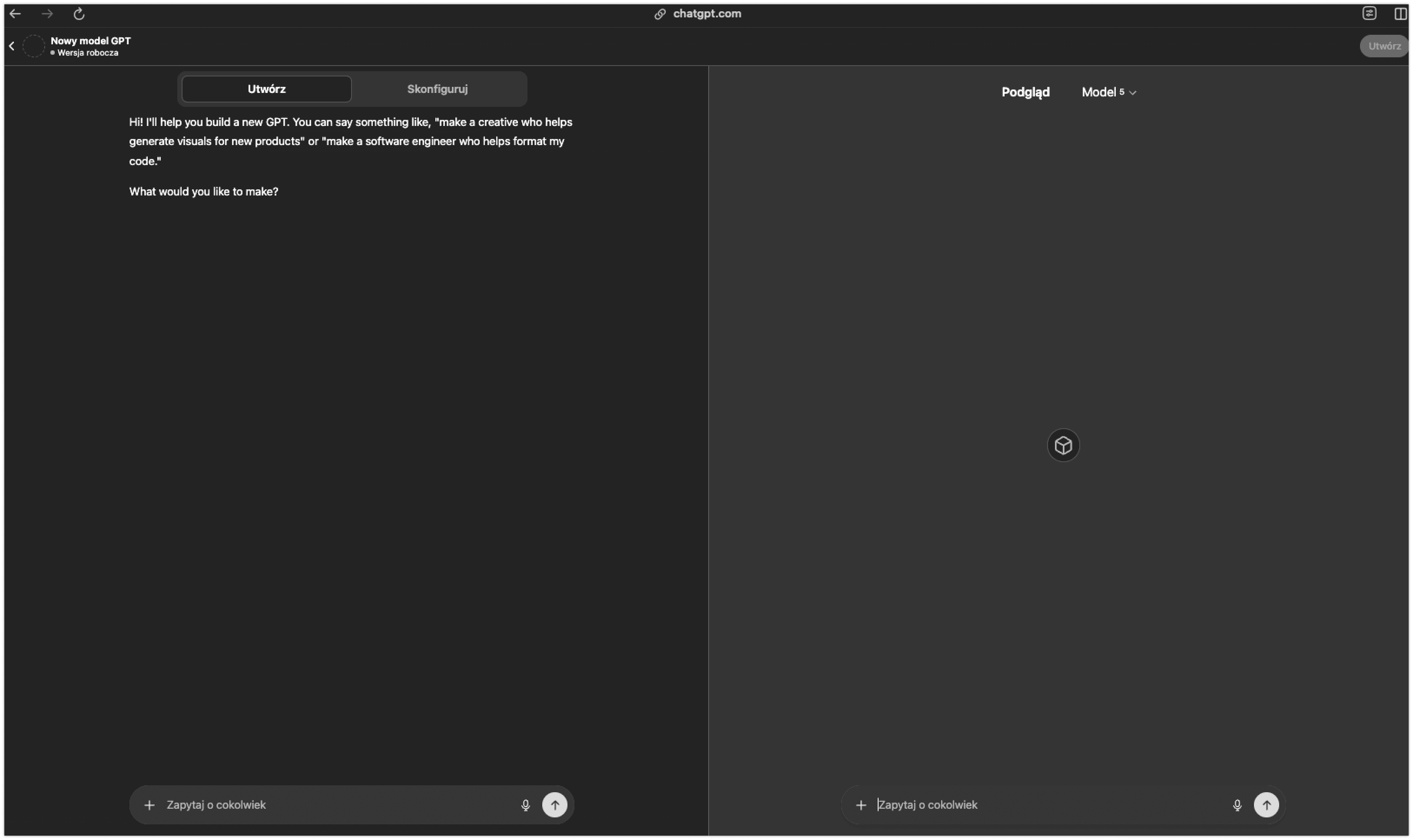 Zrzut ekranu pokazujący interfejs kreatora GPT z zakładkami Utwórz, Skonfiguruj i Podgląd