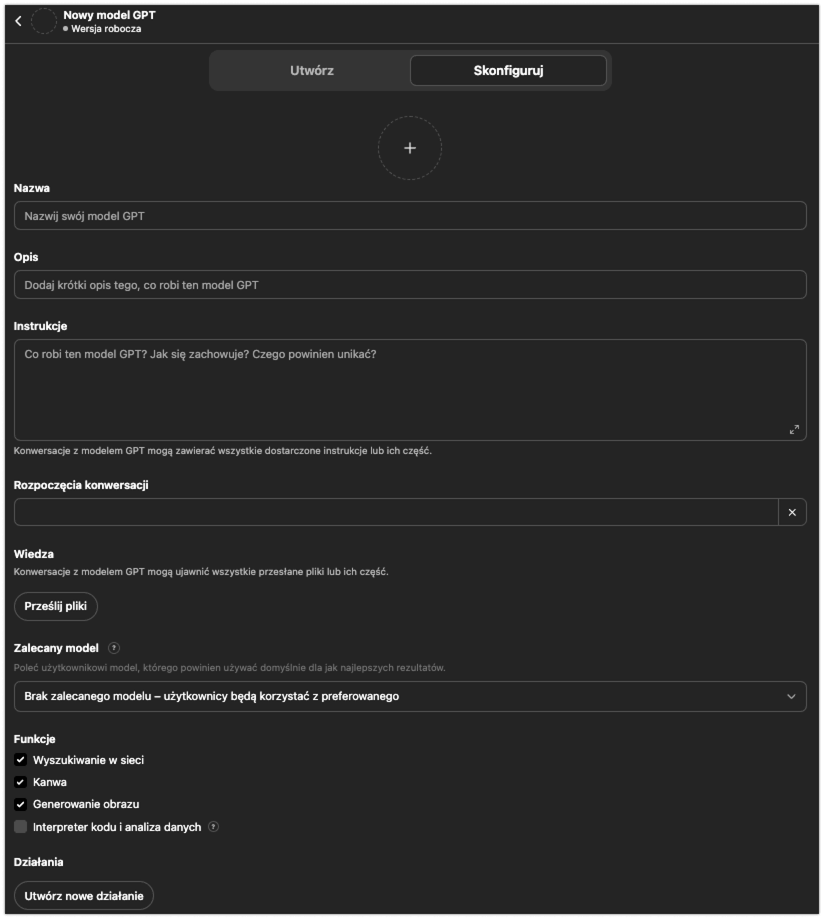 Zrzut ekranu pokazujący zakładkę Skonfiguruj w kreatorze GPT